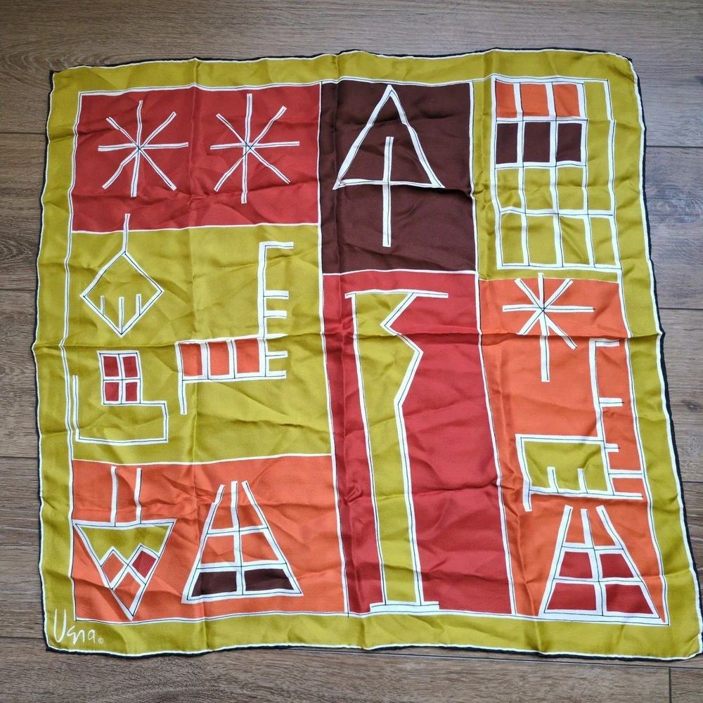 Vtg Vera Neumann Geometric Silk Scarf Retro Yellow Orange Brown Logo MCM Modern